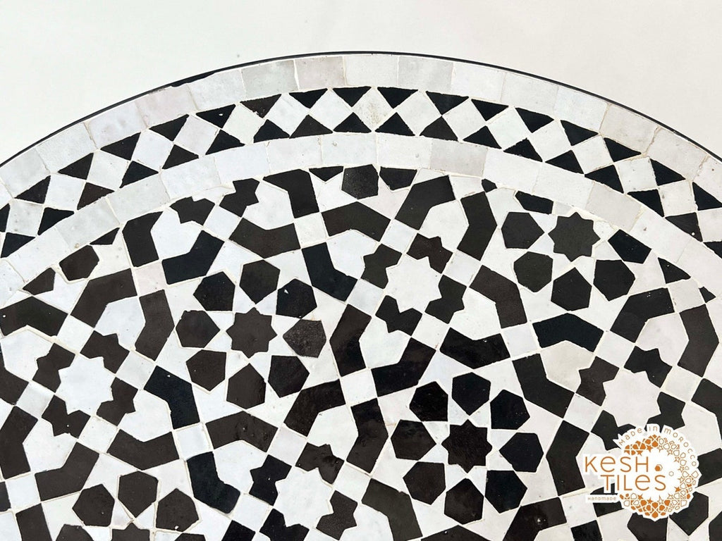 Salma - Black and White Mosaic Table, Round Handmade Moroccan Coffee Table