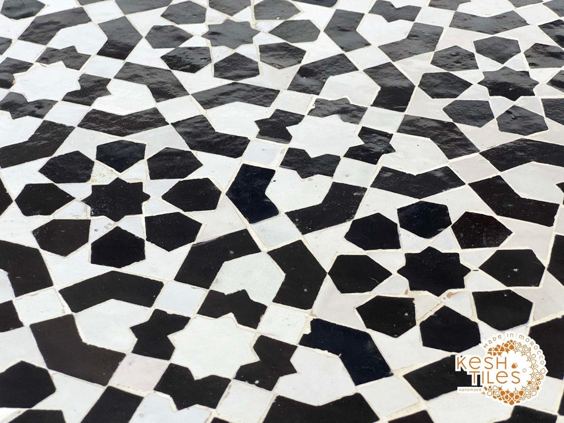 Salma - Black and White Mosaic Table, Round Handmade Moroccan Coffee Table