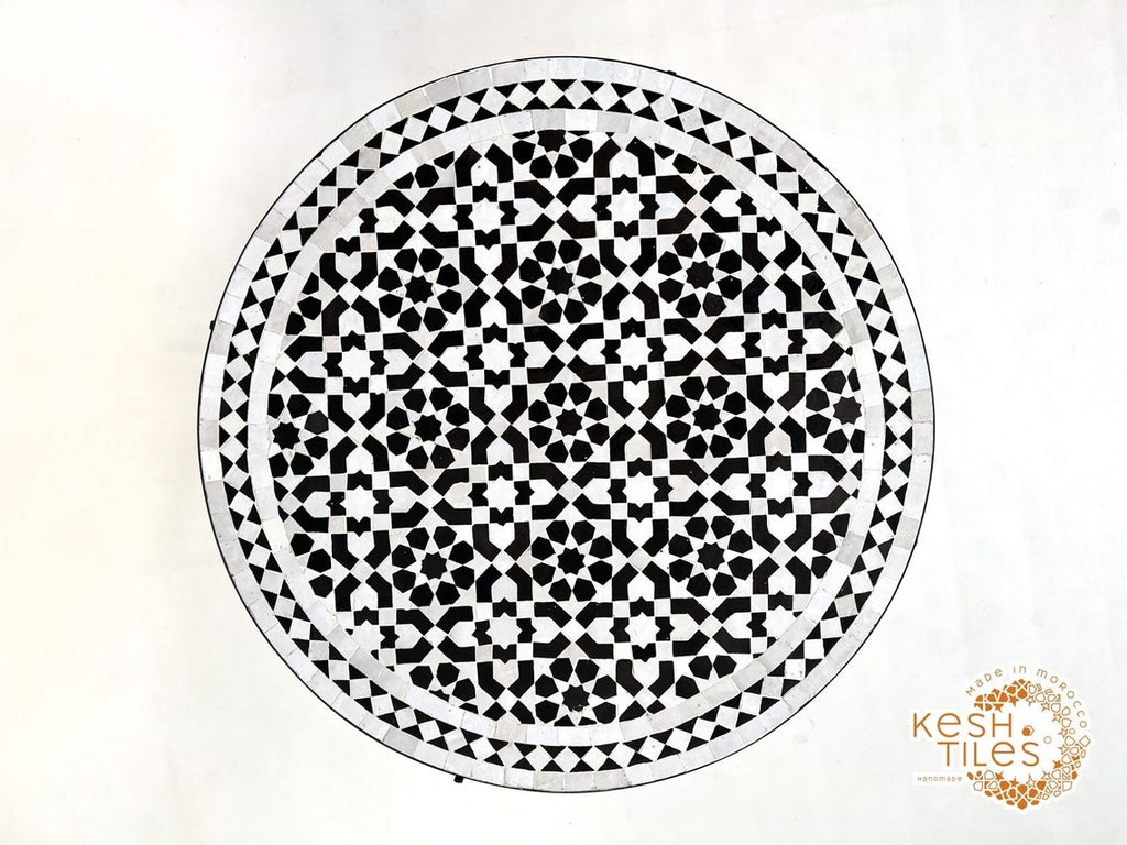 Salma - Black and White Mosaic Table, Round Handmade Moroccan Coffee Table