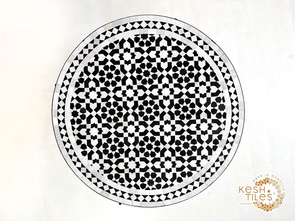 Salma - Black and White Mosaic Table, Round Handmade Moroccan Coffee Table