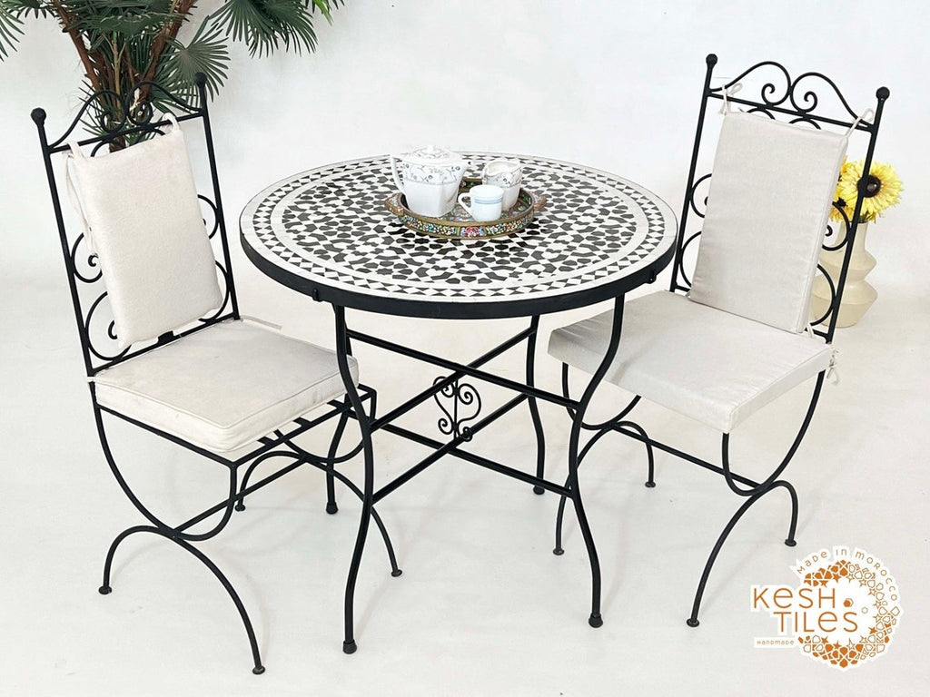 Salma - Black and White Mosaic Table, Round Handmade Moroccan Coffee Table