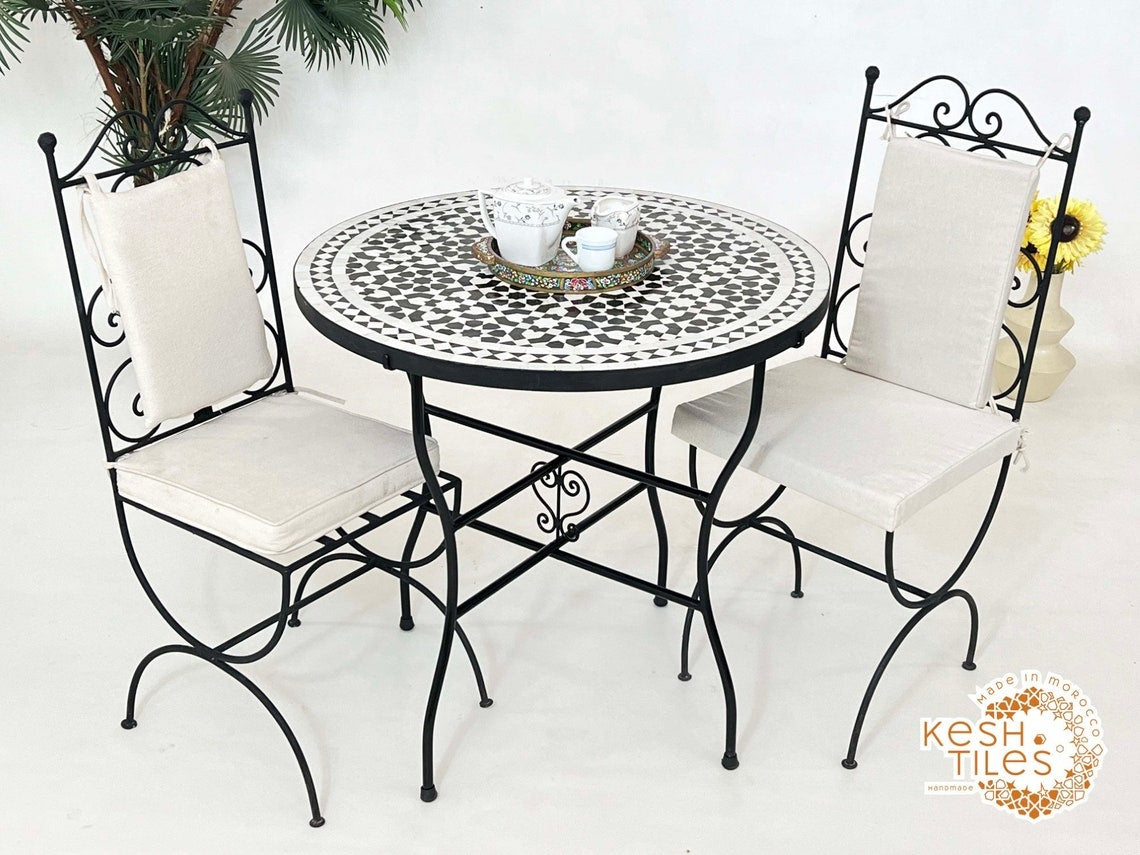 Salma - Black and White Mosaic Table, Round Handmade Moroccan Coffee Table