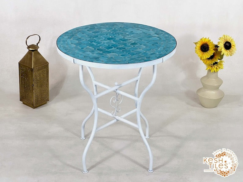 Inaya - Round Blue Mosaic Table, Handmade Moroccan Patio Table