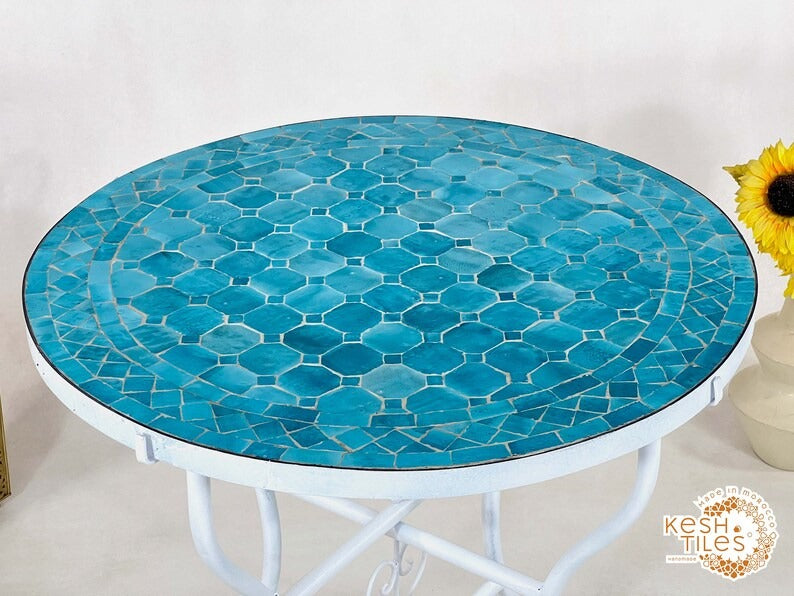 Inaya - Round Blue Mosaic Table, Handmade Moroccan Patio Table