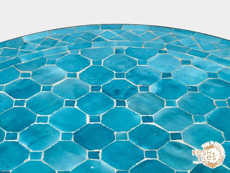 Inaya - Round Blue Mosaic Table, Handmade Moroccan Patio Table
