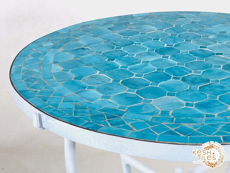 Inaya - Round Blue Mosaic Table, Handmade Moroccan Patio Table