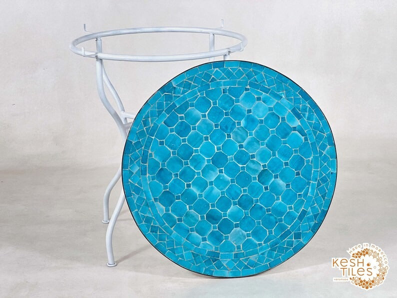 Inaya - Round Blue Mosaic Table, Handmade Moroccan Patio Table
