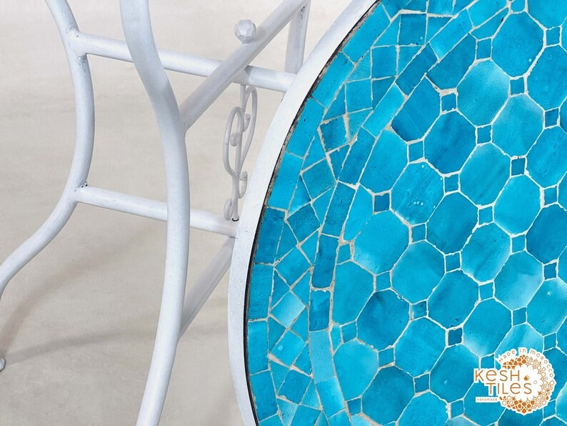 Inaya - Round Blue Mosaic Table, Handmade Moroccan Patio Table