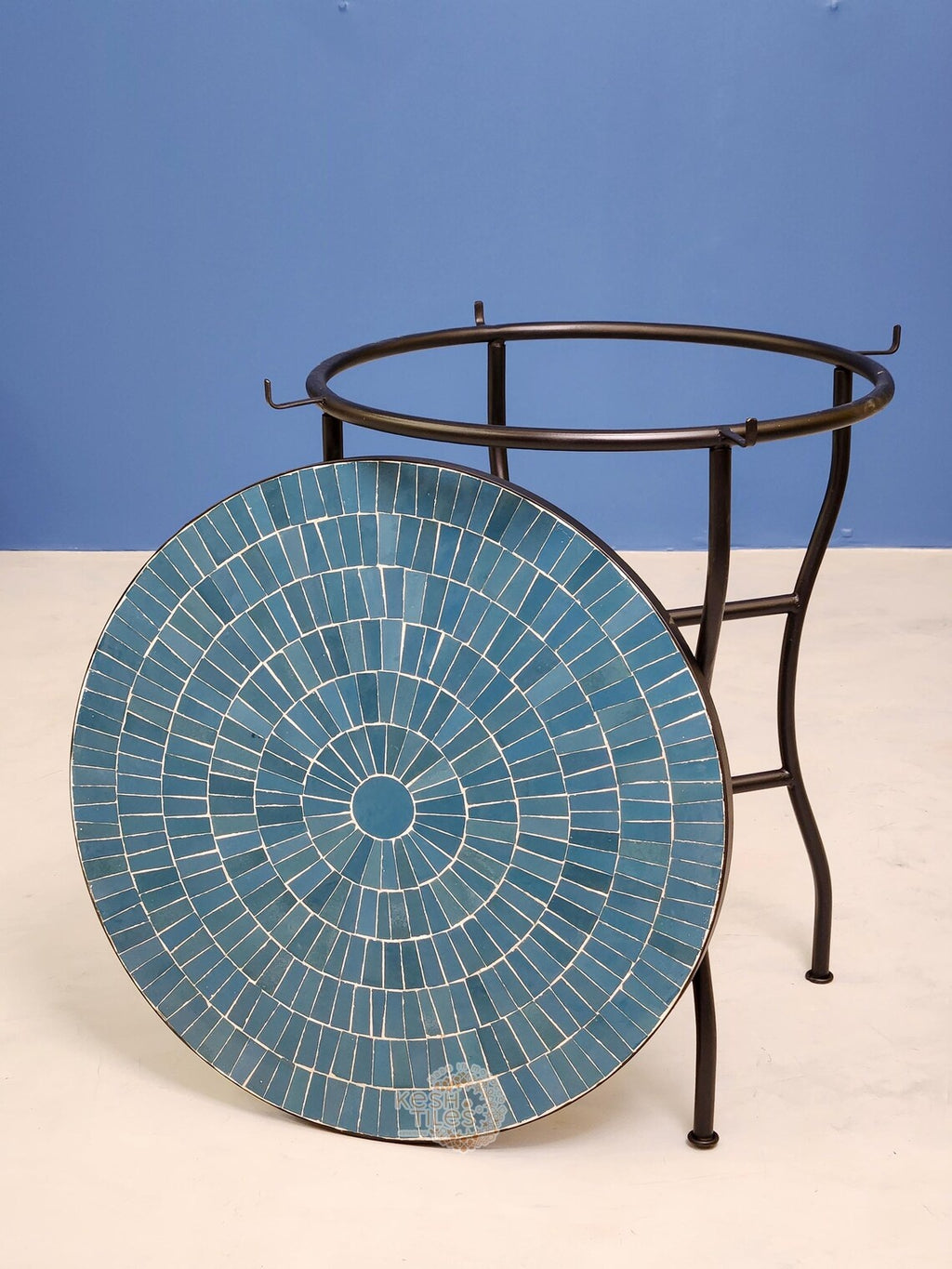Ifri - Blue Mosaic Table, Round Handmade Moroccan Zellige Table