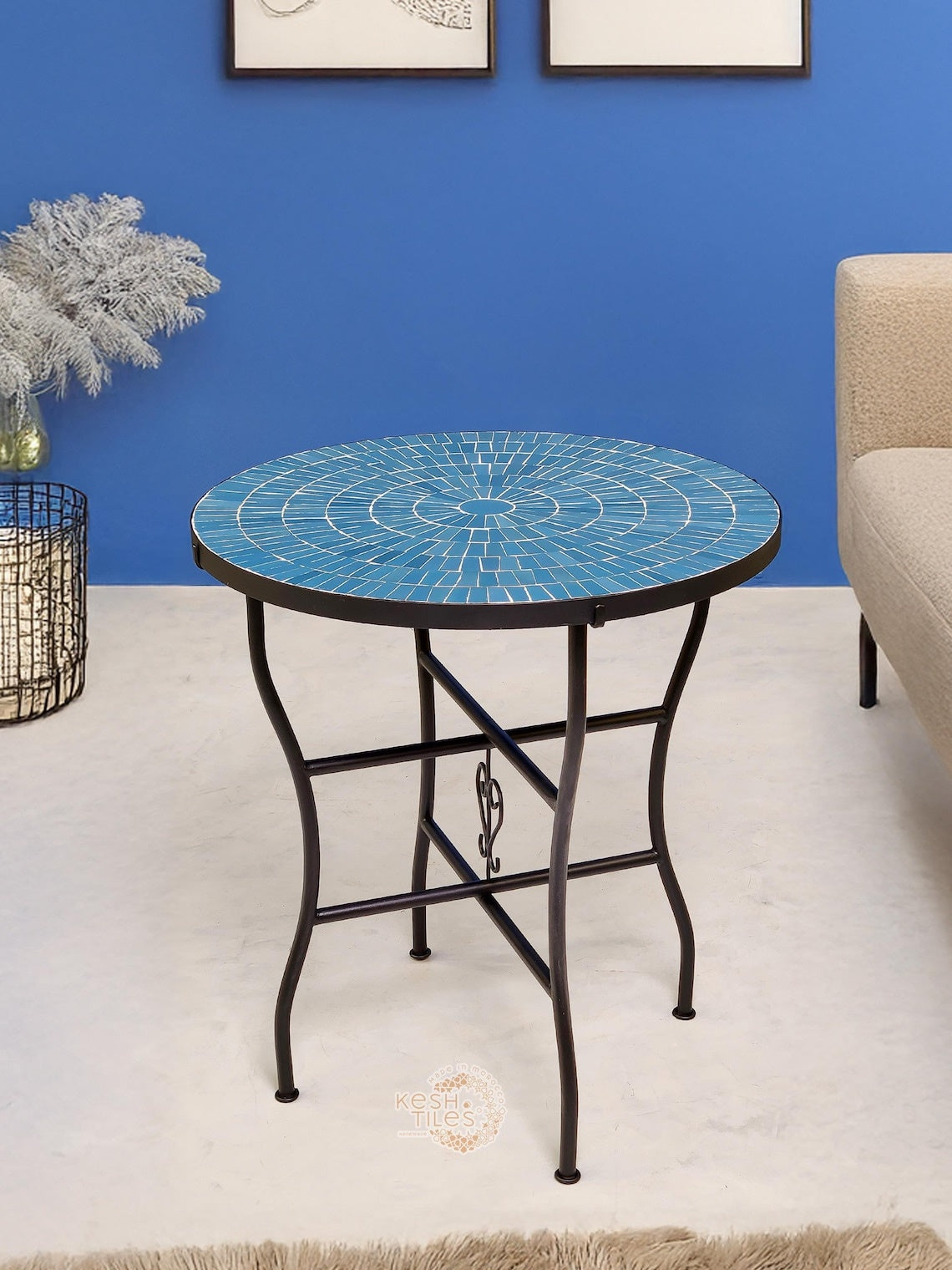 Ifri - Blue Mosaic Table, Round Handmade Moroccan Zellige Table