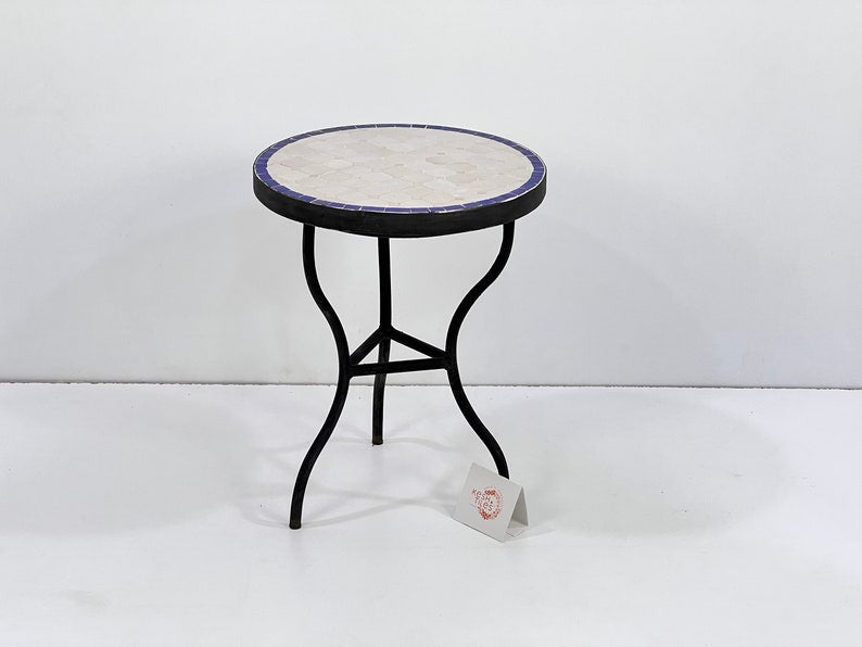 Azrou - Blue and White Mosaic Table, Round Handmade Moroccan Tile Table