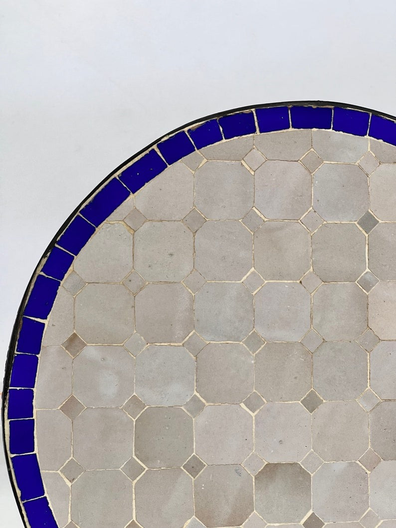 Azrou - Blue and White Mosaic Table, Round Handmade Moroccan Tile Table