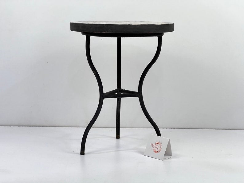 Azrou - Blue and White Mosaic Table, Round Handmade Moroccan Tile Table