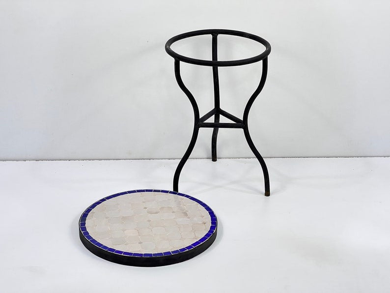 Azrou - Blue and White Mosaic Table, Round Handmade Moroccan Tile Table