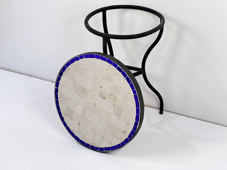 Azrou - Blue and White Mosaic Table, Round Handmade Moroccan Tile Table