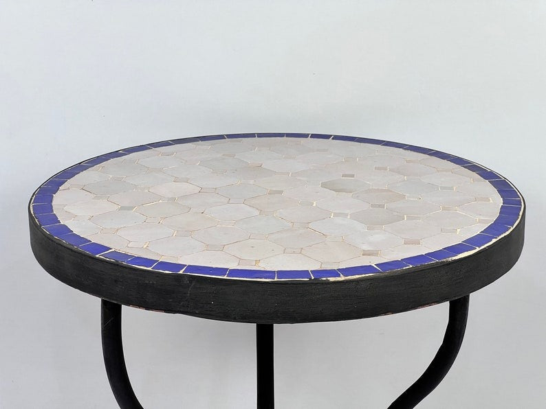 Azrou - Blue and White Mosaic Table, Round Handmade Moroccan Tile Table
