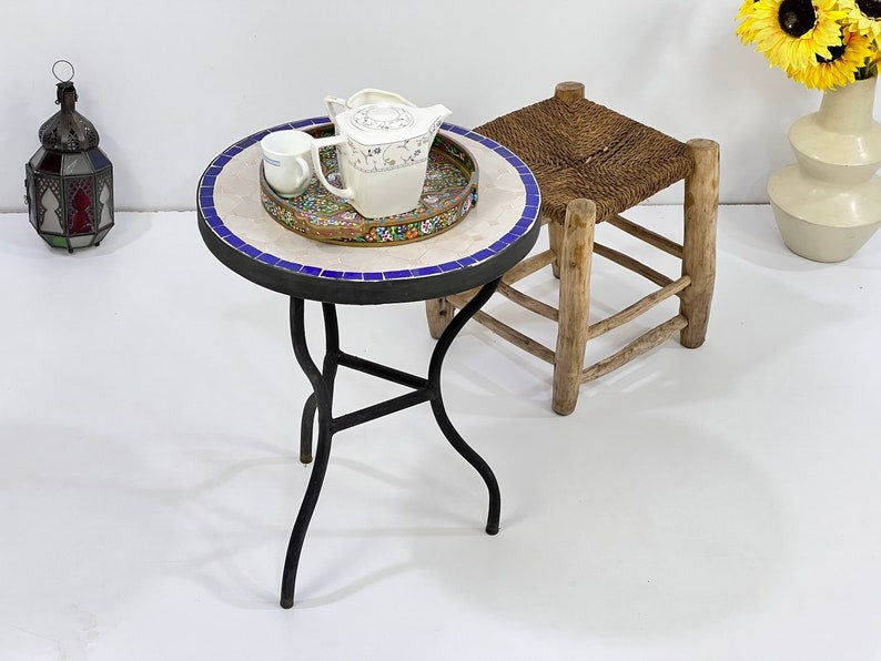 Azrou - Blue and White Mosaic Table, Round Handmade Moroccan Tile Table