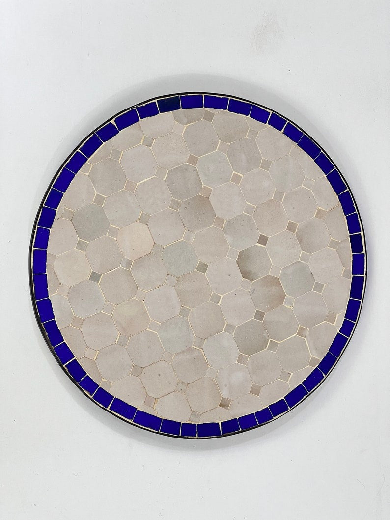 Azrou - Blue and White Mosaic Table, Round Handmade Moroccan Tile Table