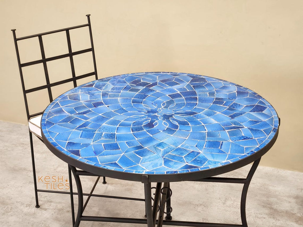 Tissilt - Blue Mosaic Table, Round Handmade Zellige Flower Patio Table