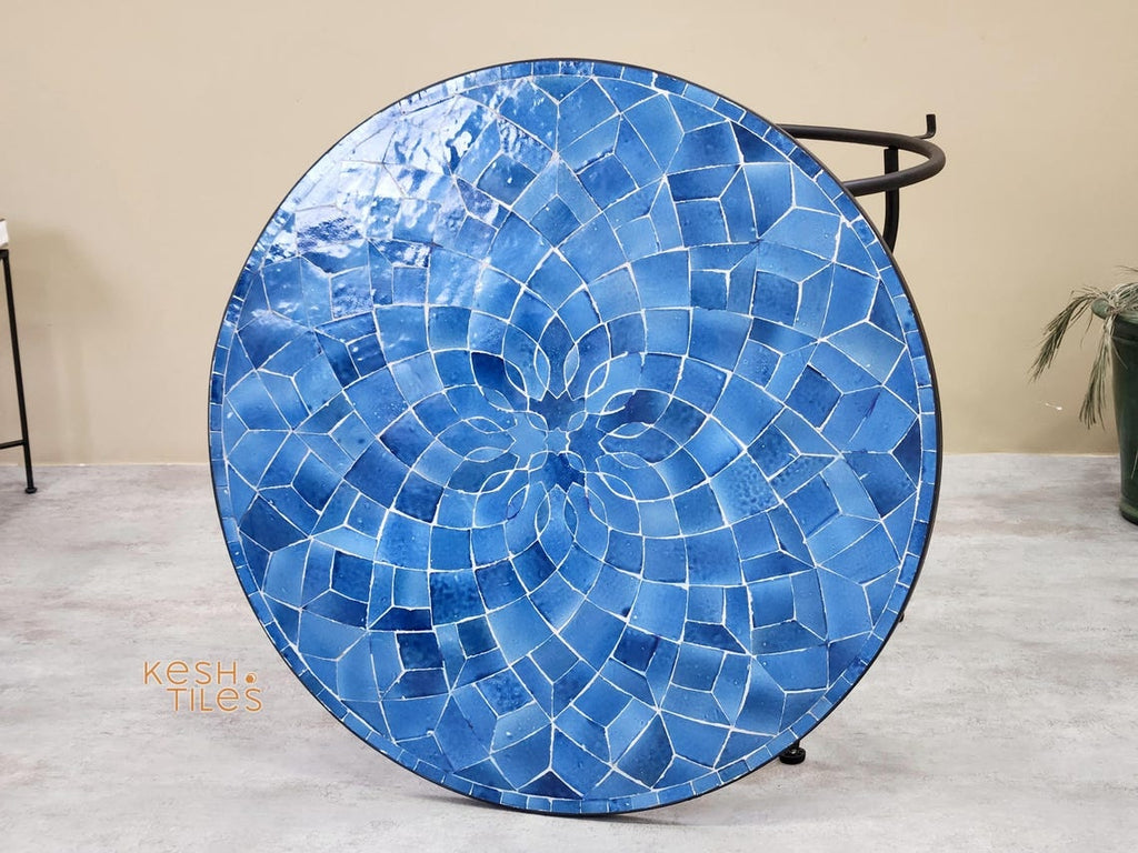 Tissilt - Blue Mosaic Table, Round Handmade Zellige Flower Patio Table