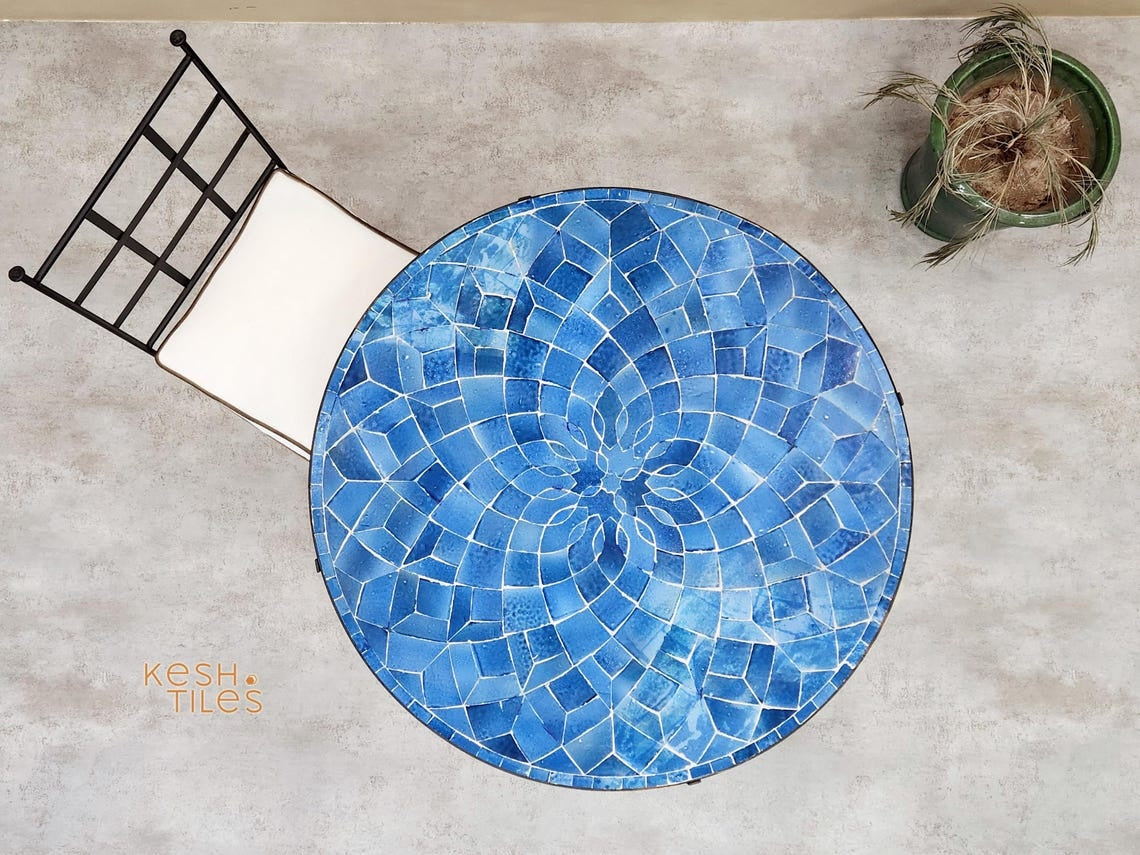 Tissilt - Blue Mosaic Table, Round Handmade Zellige Flower Patio Table