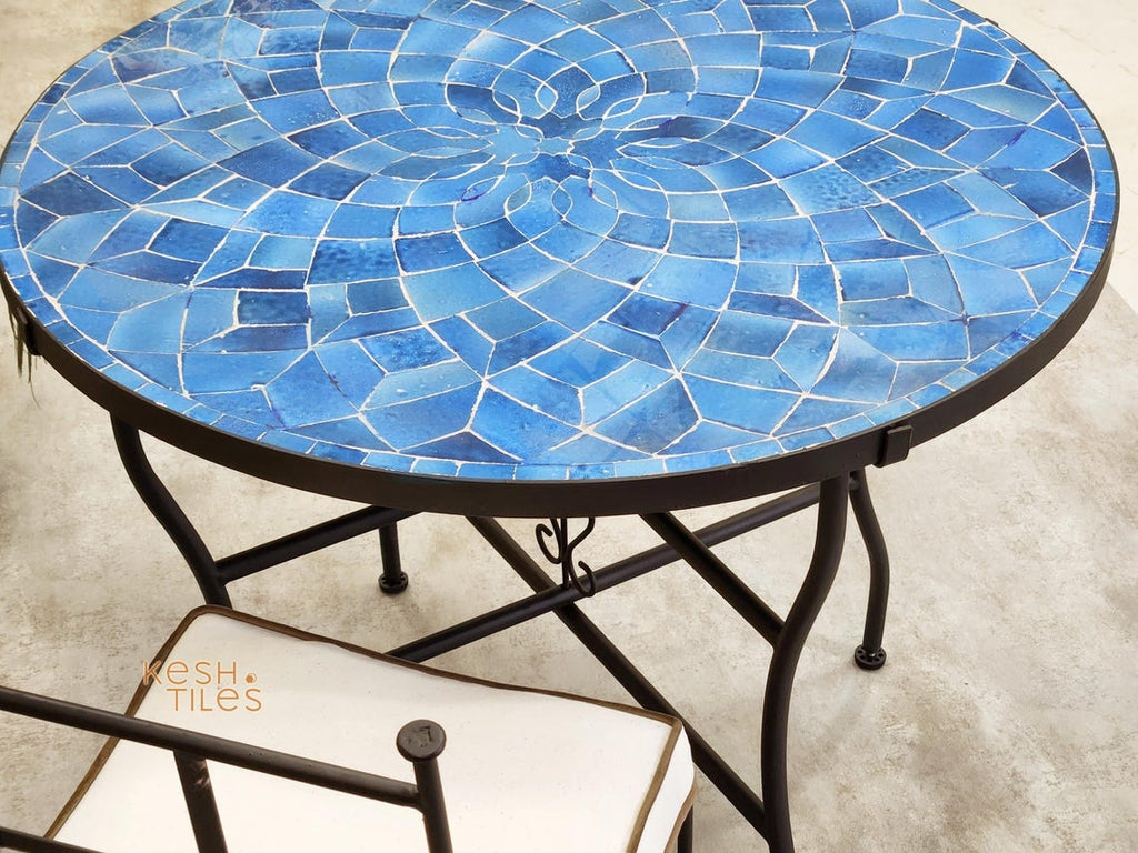 Tissilt - Blue Mosaic Table, Round Handmade Zellige Flower Patio Table