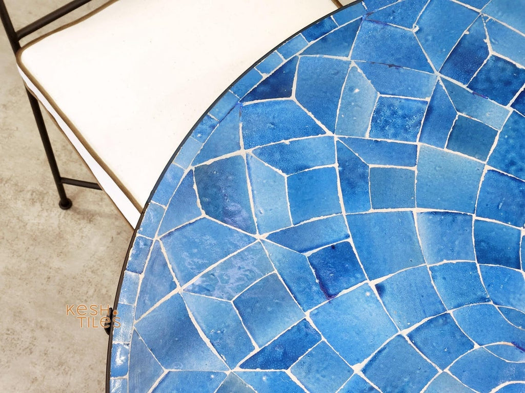 Tissilt - Blue Mosaic Table, Round Handmade Zellige Flower Patio Table