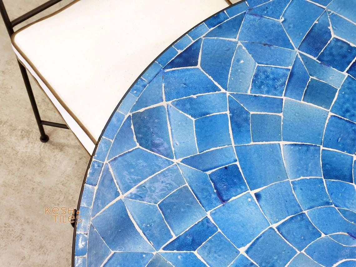 Tissilt - Blue Mosaic Table, Round Handmade Zellige Flower Patio Table