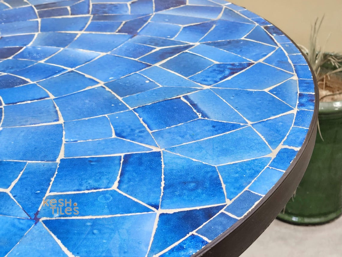 Tissilt - Blue Mosaic Table, Round Handmade Zellige Flower Patio Table