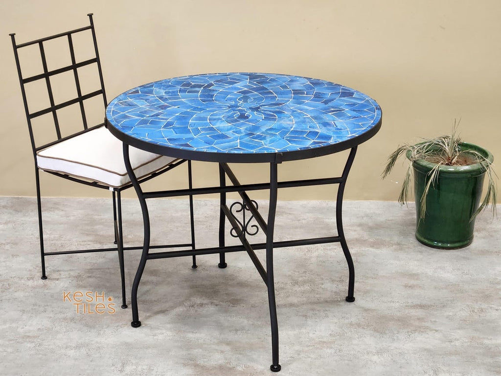Tissilt - Blue Mosaic Table, Round Handmade Zellige Flower Patio Table