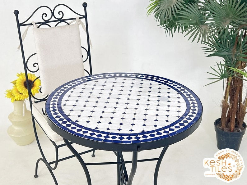 Tirra - Blue Mosaic Table, Round Handmade Zellige Patio Table