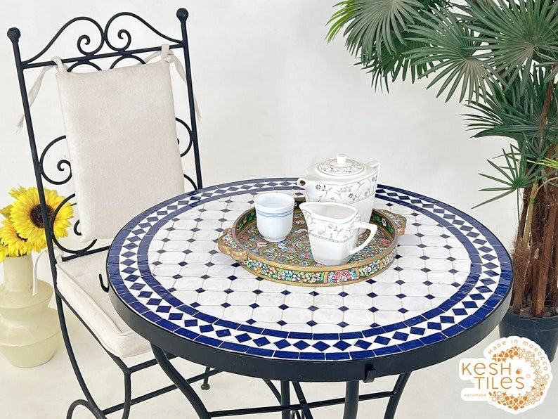 Tirra - Blue Mosaic Table, Round Handmade Zellige Patio Table