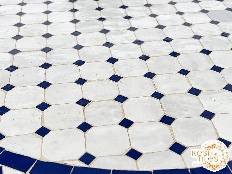 Tirra - Blue Mosaic Table, Round Handmade Zellige Patio Table