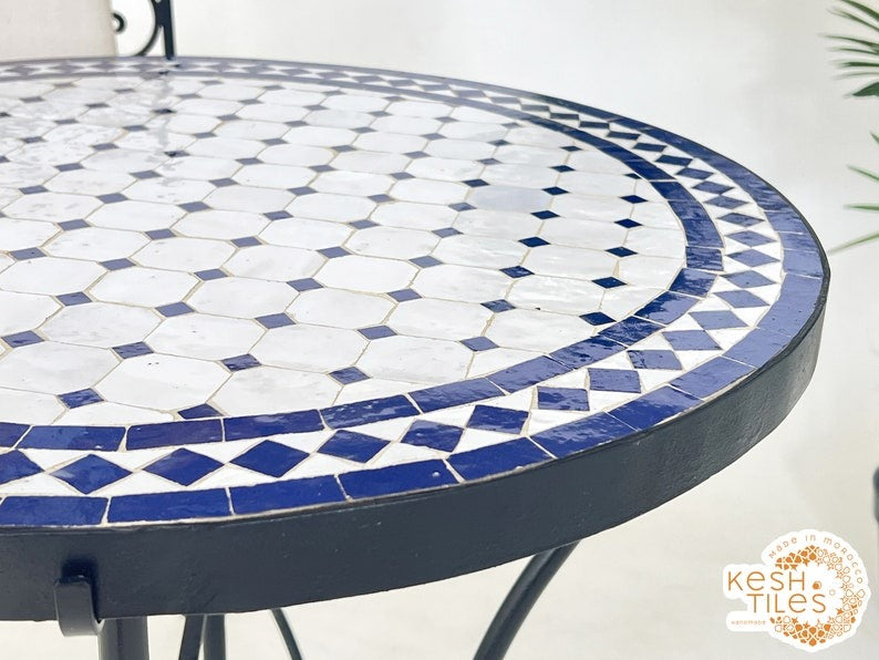 Tirra - Blue Mosaic Table, Round Handmade Zellige Patio Table