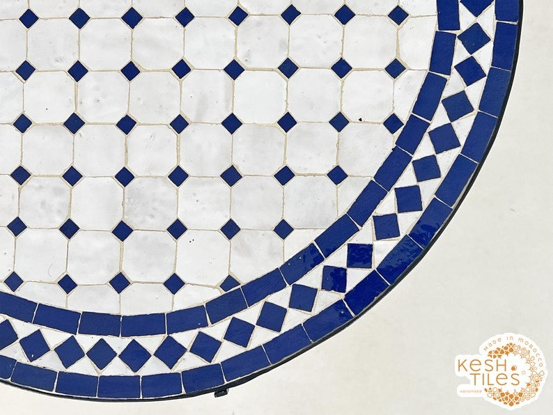 Tirra - Blue Mosaic Table, Round Handmade Zellige Patio Table