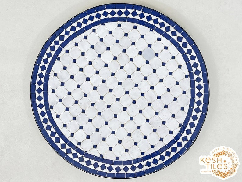 Tirra - Blue Mosaic Table, Round Handmade Zellige Patio Table