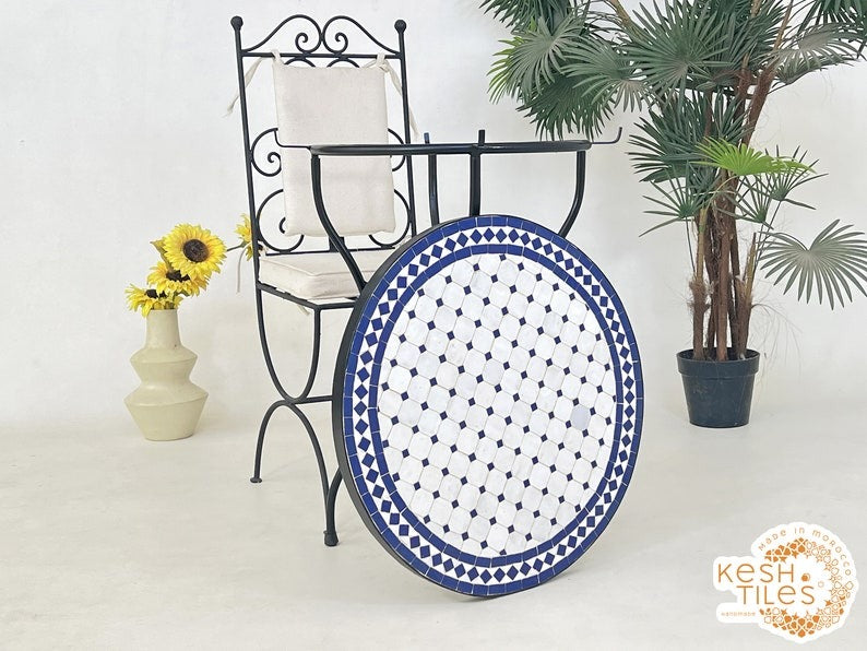 Tirra - Blue Mosaic Table, Round Handmade Zellige Patio Table