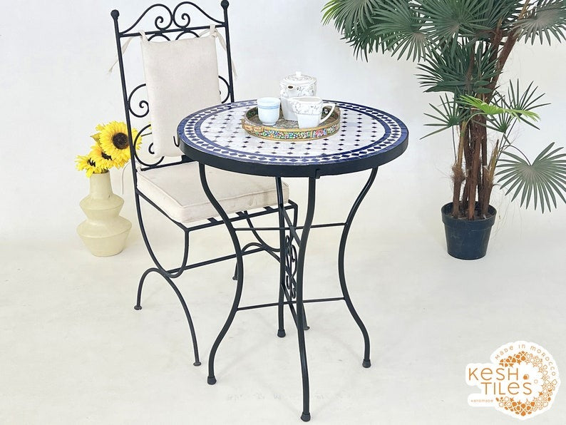 Tirra - Blue Mosaic Table, Round Handmade Zellige Patio Table