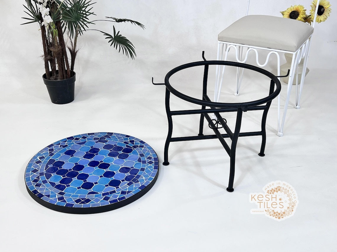 Tilila - Blue Mosaic Table, Handmade Moroccan Zellige Outdoor Patio Table