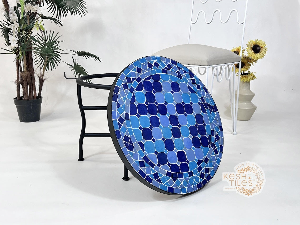 Tilila - Blue Mosaic Table, Handmade Moroccan Zellige Outdoor Patio Table
