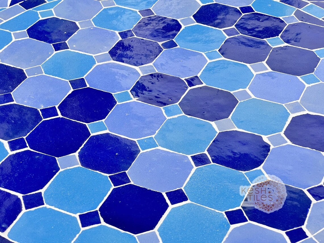 Tilila - Blue Mosaic Table, Handmade Moroccan Zellige Outdoor Patio Table