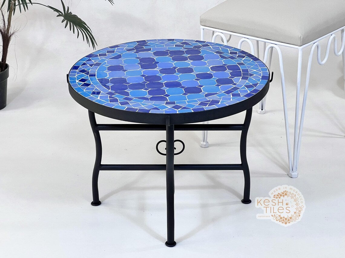 Tilila - Blue Mosaic Table, Handmade Moroccan Zellige Outdoor Patio Table