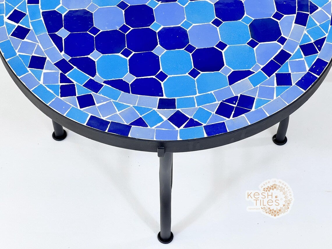 Tilila - Blue Mosaic Table, Handmade Moroccan Zellige Outdoor Patio Table