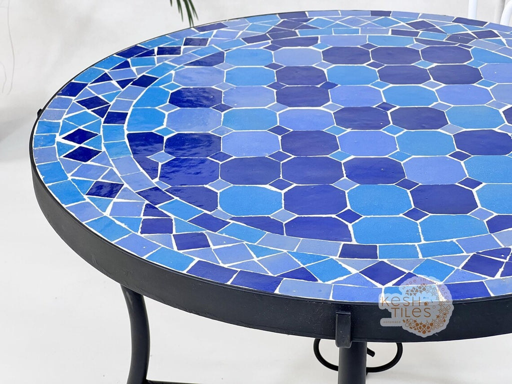 Tilila - Blue Mosaic Table, Handmade Moroccan Zellige Outdoor Patio Table