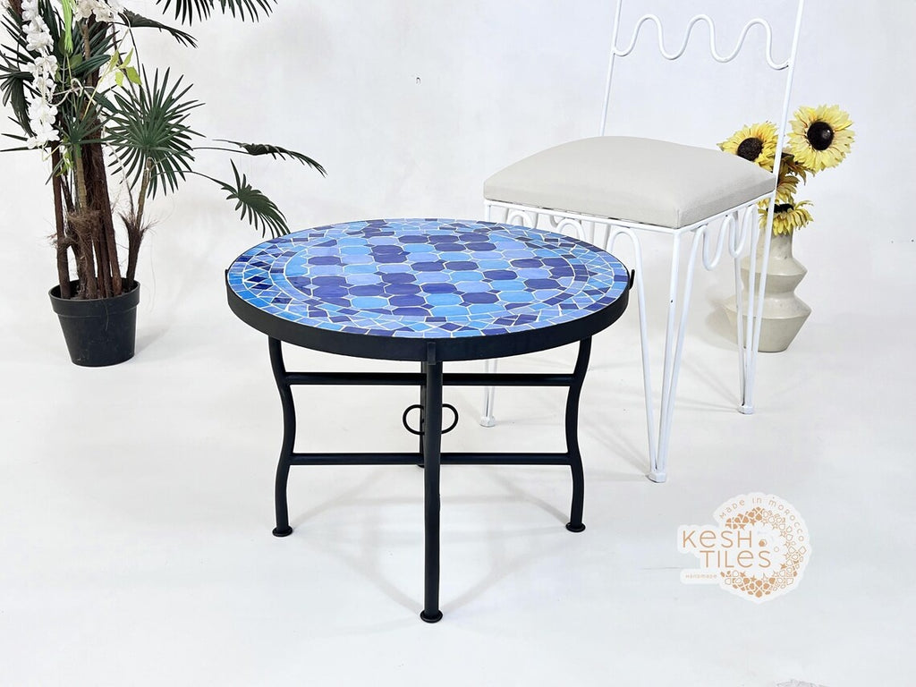 Tilila - Blue Mosaic Table, Handmade Moroccan Zellige Outdoor Patio Table