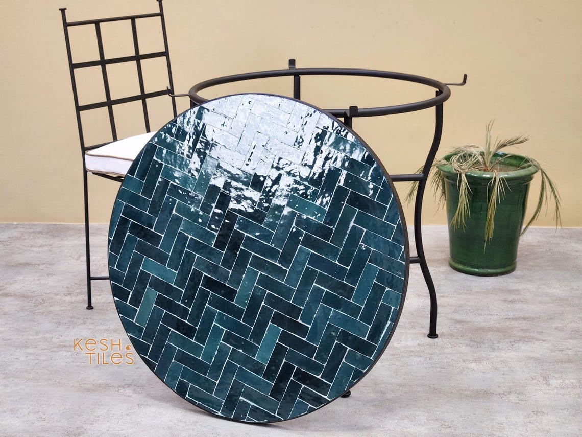 Tazdayt- Round Mosaic Table, Charcoal Grey and Turquoise Zellige Coffee Table