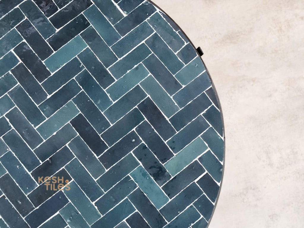 Tazdayt- Round Mosaic Table, Charcoal Grey and Turquoise Zellige Coffee Table