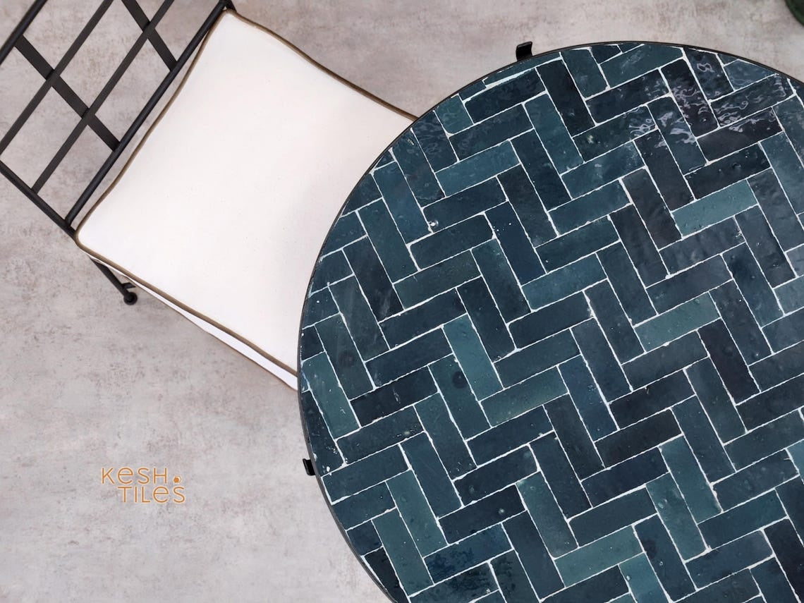 Tazdayt- Round Mosaic Table, Charcoal Grey and Turquoise Zellige Coffee Table