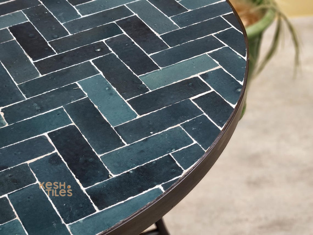 Tazdayt- Round Mosaic Table, Charcoal Grey and Turquoise Zellige Coffee Table