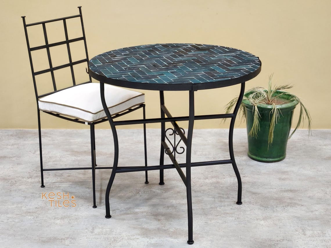 Tazdayt- Round Mosaic Table, Charcoal Grey and Turquoise Zellige